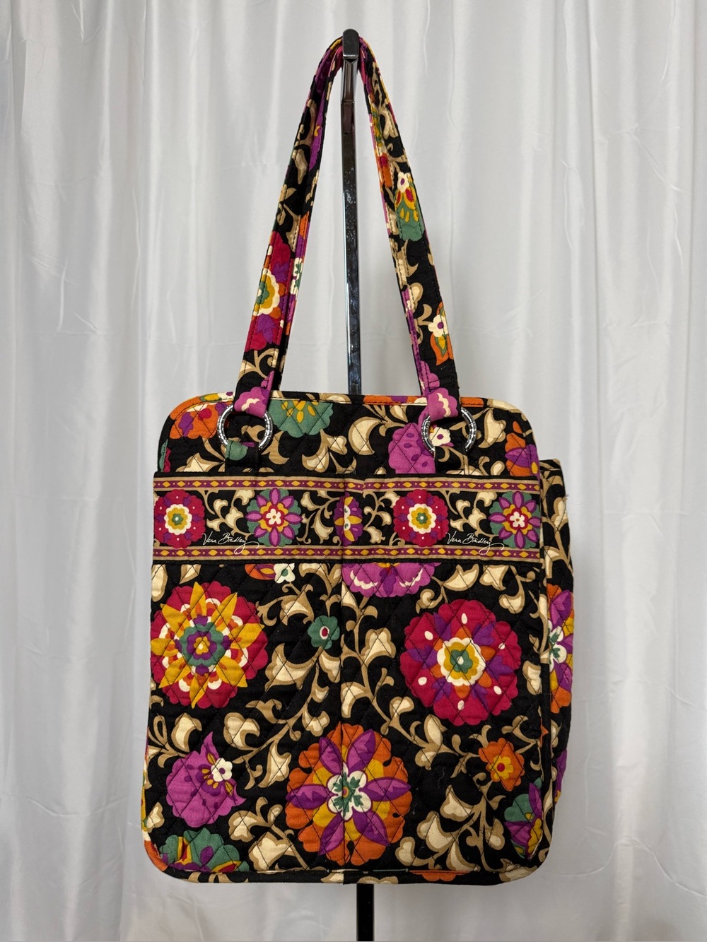 Vera Bradley Suzani Pocket Tote Bag Quilted Cotton Black Floral Retired Boho